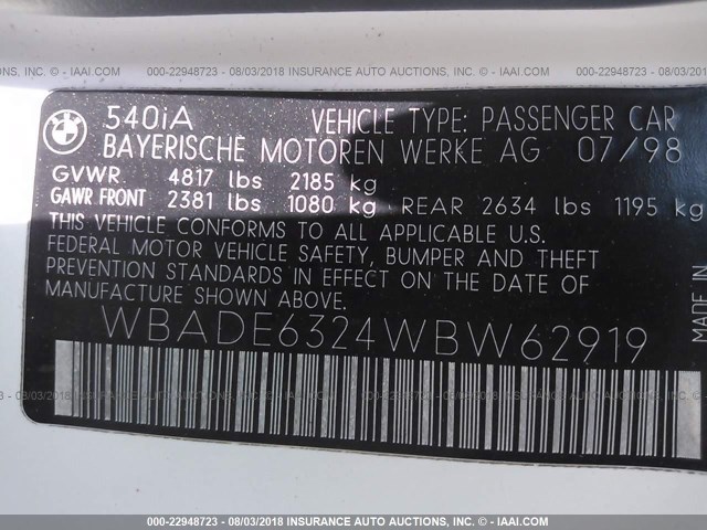 WBADE6324WBW62919 - 1998 BMW 540 I AUTOMATIC WHITE photo 9
