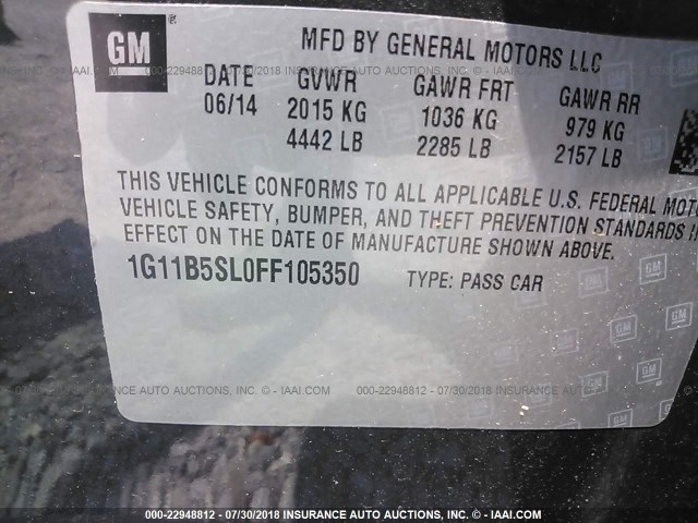 1G11B5SL0FF105350 - 2015 CHEVROLET MALIBU LS 灰色 照片 9