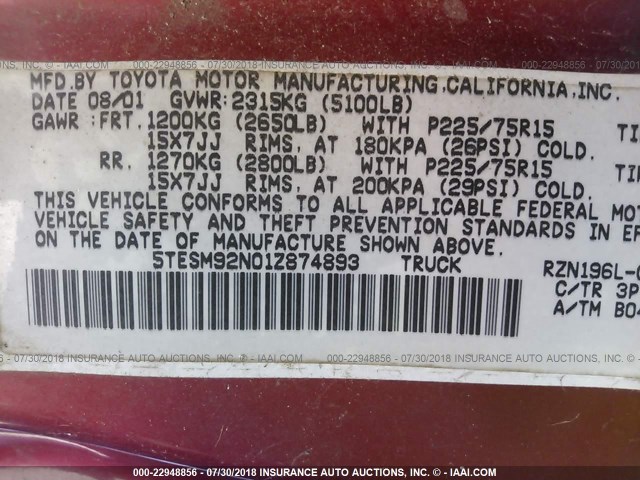 5TESM92N01Z874893 - 2001 TOYOTA TACOMA XTRACAB PRERUNNER წითელი ფოტო 9