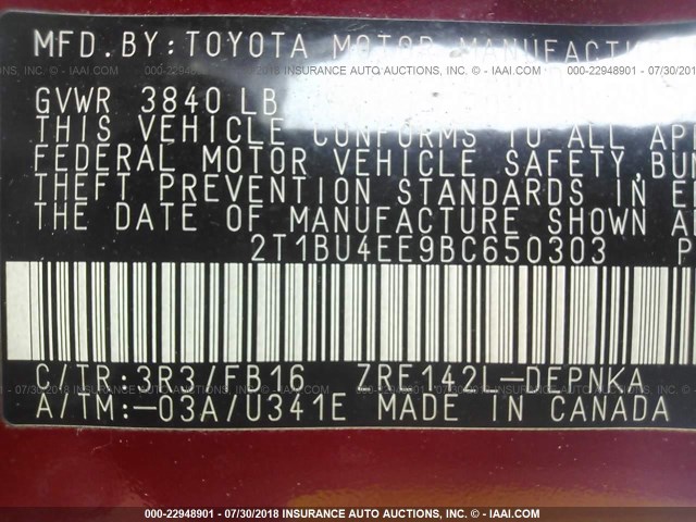 2T1BU4EE9BC650303 - 2011 TOYOTA COROLLA S/LE RED photo 9