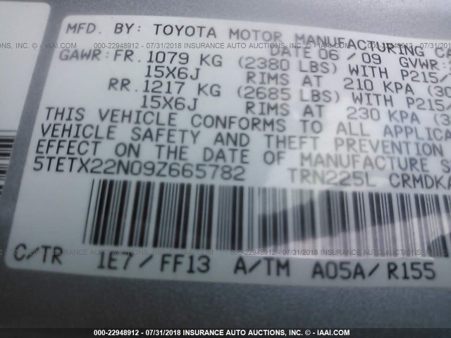 5TETX22N09Z665782 - 2009 TOYOTA TACOMA ACCESS CAB Күміс фото 9