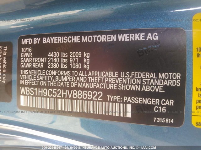 WBS1H9C52HV886922 - 2017 BMW M2 BLUE photo 9