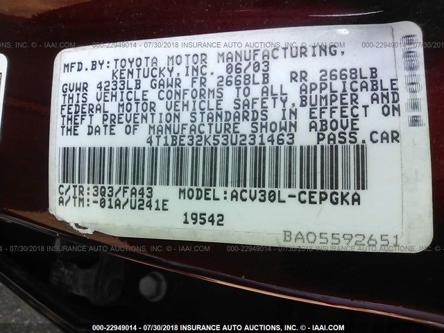 4T1BE32K53U231463 - 2003 TOYOTA CAMRY LE/XLE/SE RED photo 9