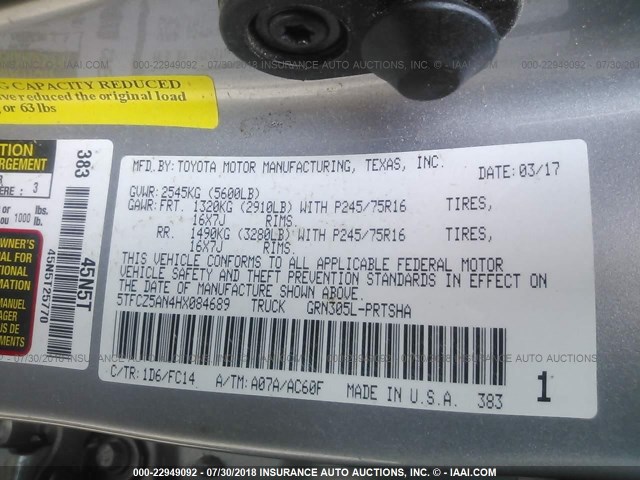 5TFCZ5AN4HX084689 - 2017 TOYOTA TACOMA DBL CAB/SR/TRDSPT/OR/PRO Күміс фото 9