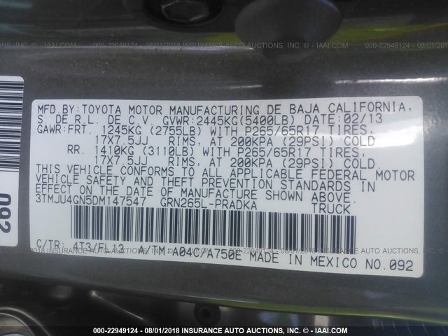 3TMJU4GN5DM147547 - 2013 TOYOTA TACOMA DOUBLE CAB PRERUNNER GRAY photo 9