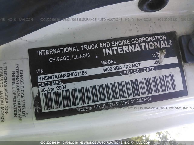 1HSMTADN85H037186 - 2005 INTERNATIONAL 4400 4400 WHITE photo 10