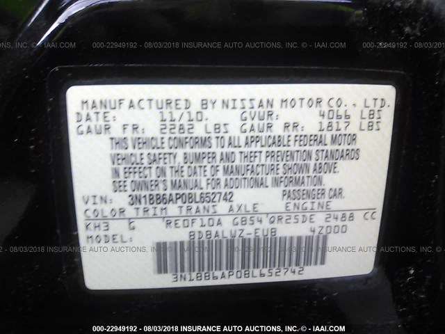 3N1BB6AP0BL652742 - 2011 NISSAN SENTRA SE-R BLACK photo 9