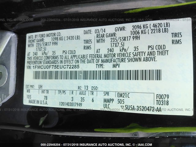 1FMCU0F75EUC72285 - 2014 FORD ESCAPE S BLACK photo 9