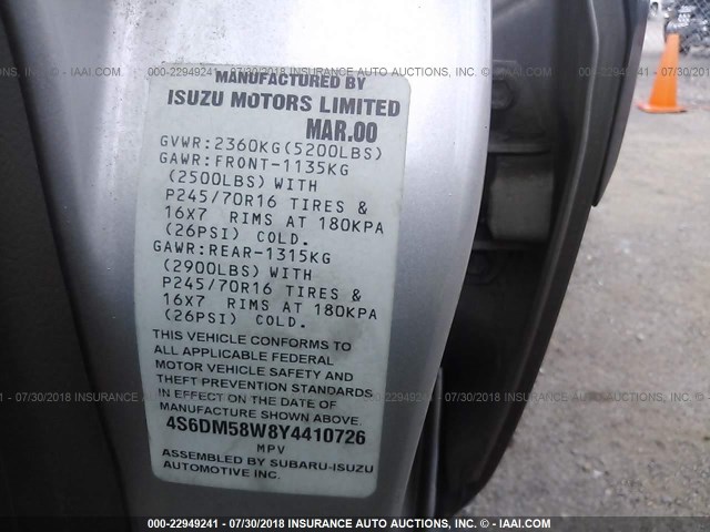 4S6DM58W8Y4410726 - 2000 HONDA PASSPORT EX/LX 银色 照片 9