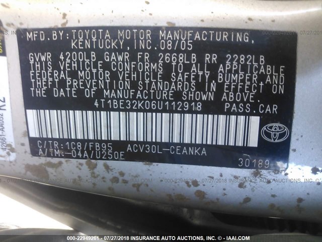 4T1BE32K06U112918 - 2006 TOYOTA CAMRY LE/XLE/SE 银色 照片 9