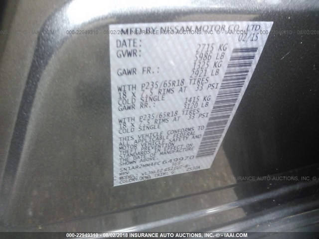 5N1AR2MM4FC649970 - 2015 NISSAN PATHFINDER S/SV/SL/PLATINUM GRAY photo 9