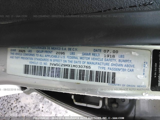 3VWSC29MX1M030765 - 2001 VOLKSWAGEN JETTA GLS SILVER photo 9