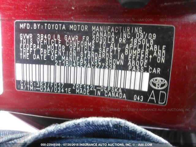 2T1BU4EE2AC277538 - 2010 TOYOTA COROLLA S/LE/XLE RED photo 9