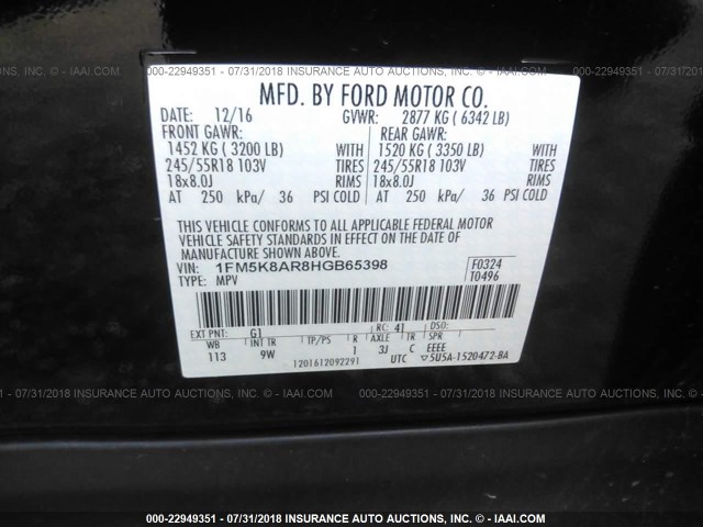 1FM5K8AR8HGB65398 - 2017 FORD EXPLORER POLICE INTERCEPTOR BLACK photo 9