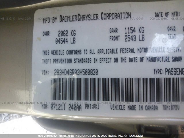 2B3HD46R03H500830 - 2003 DODGE INTREPID SE Şampan foto 9