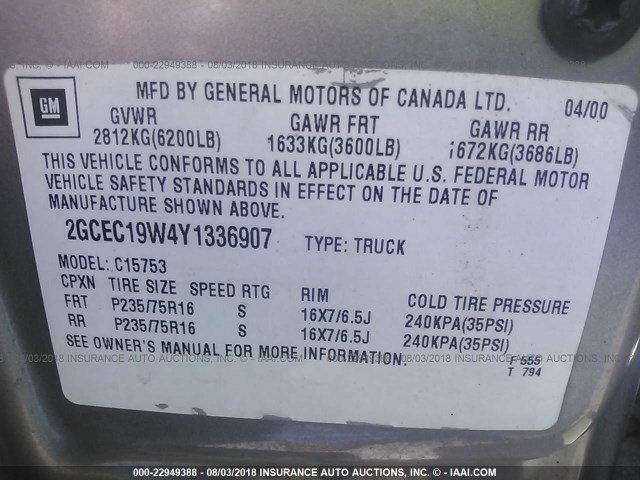 2GCEC19W4Y1336907 - 2000 CHEVROLET SILVERADO C1500 SILVER photo 9