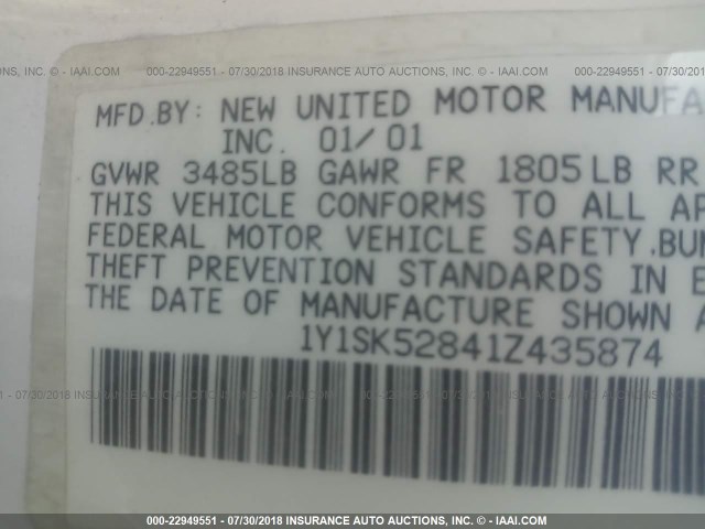 1Y1SK52841Z435874 - 2001 CHEVROLET GEO PRIZM LSI WHITE photo 9