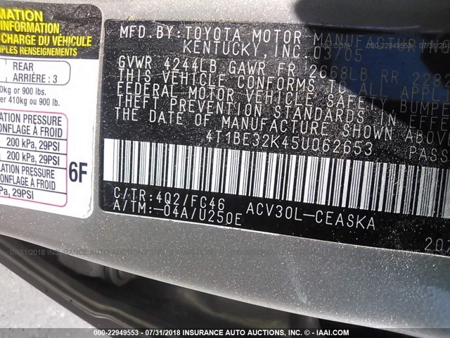 4T1BE32K45U062653 - 2005 TOYOTA CAMRY LE/XLE/SE 金色 照片 9