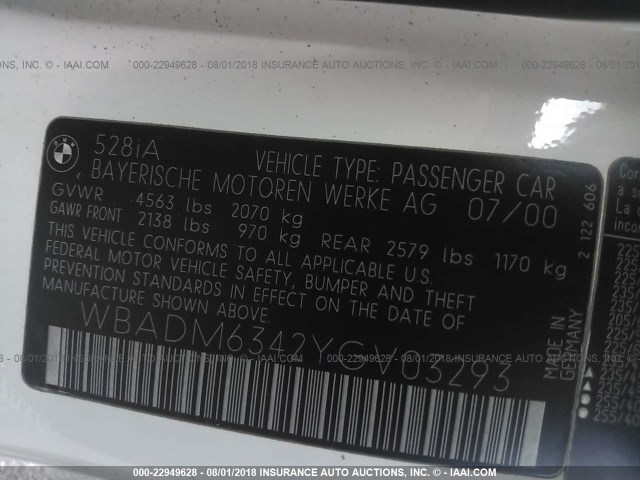 WBADM6342YGV03293 - 2000 BMW 528 I AUTOMATIC WHITE photo 9