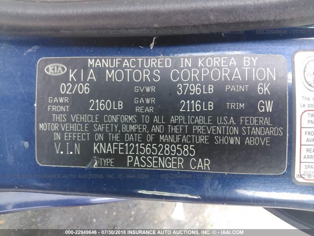 KNAFE121565289585 - 2006 KIA NEW SPECTRA LX/EX BLUE photo 9