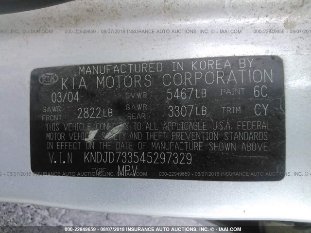 KNDJD733545297329 - 2004 KIA SORENTO EX/LX SILVER photo 9