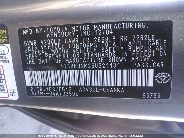 4T1BE32K25U521131 - 2005 TOYOTA CAMRY LE/XLE/SE Boz foto 9