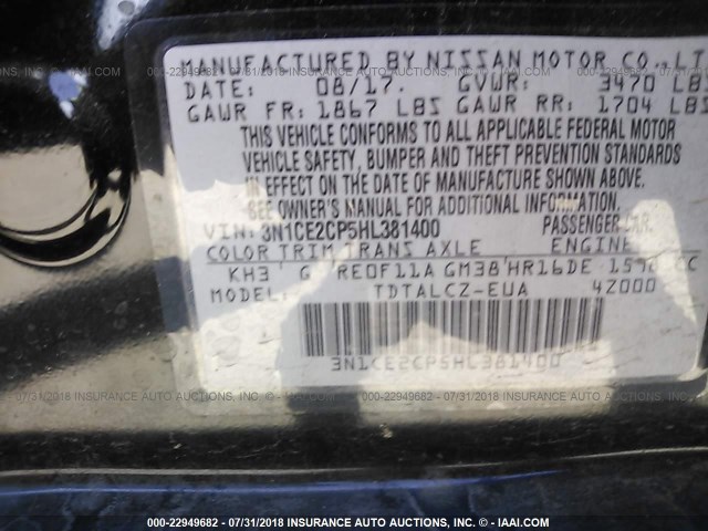 3N1CE2CP5HL381400 - 2017 NISSAN VERSA NOTE S/S PLUS/SV/SL/SR BLACK photo 9