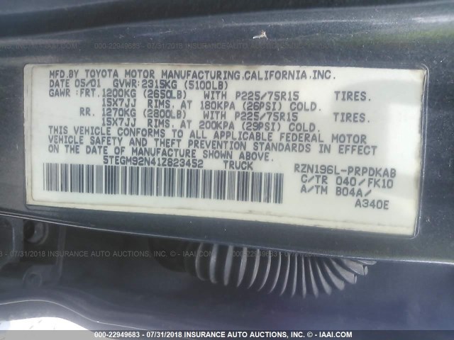 5TEGM92N41Z823452 - 2001 TOYOTA TACOMA DOUBLE CAB PRERUNNER GRAY photo 9