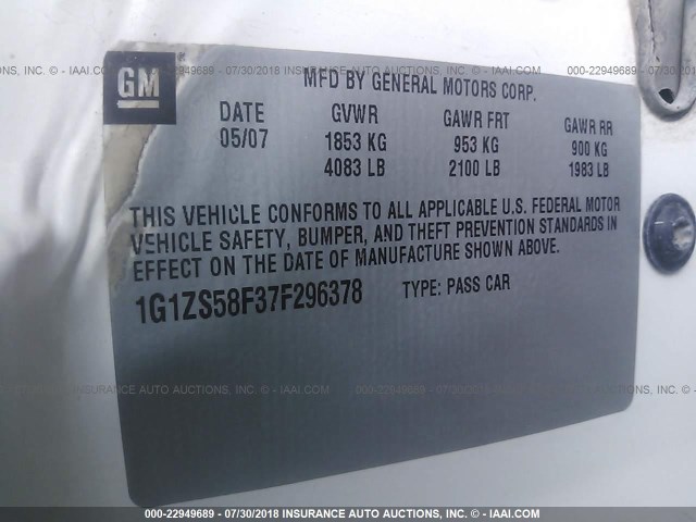 1G1ZS58F37F296378 - 2007 CHEVROLET MALIBU LS WHITE photo 9