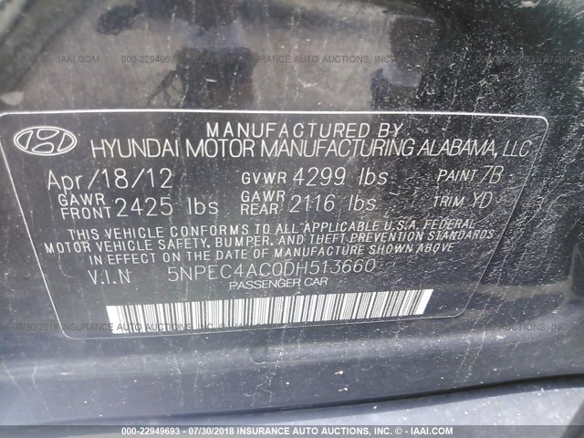 5NPEC4AC0DH513660 - 2013 HYUNDAI SONATA SE/LIMITED BLACK photo 9