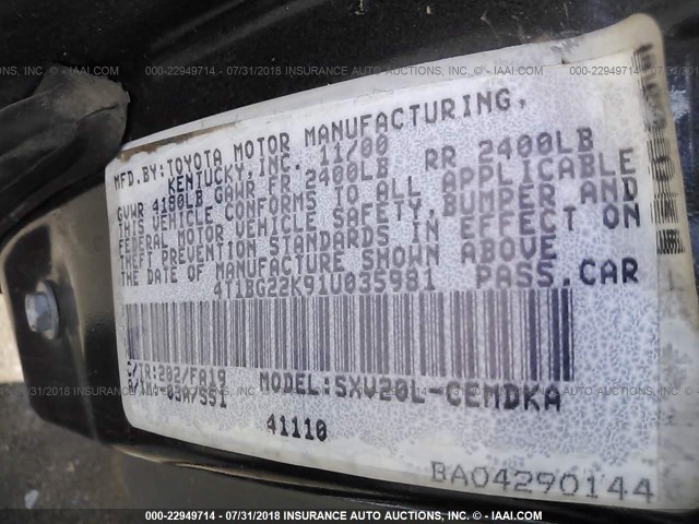 4T1BG22K91U035981 - 2001 TOYOTA CAMRY CE/LE/XLE 黑色 照片 9