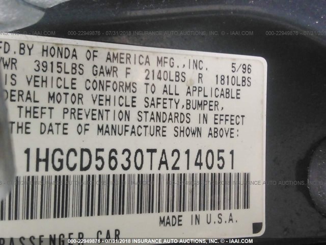 1HGCD5630TA214051 - 1996 HONDA ACCORD LX/EX TEAL photo 9