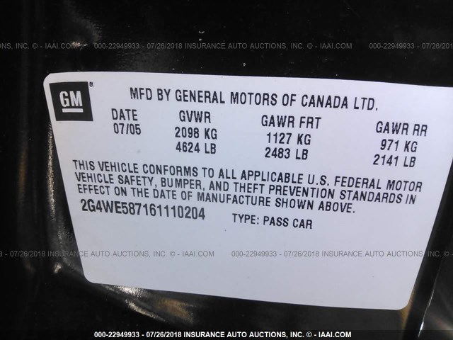 2G4WE587161110204 - 2006 BUICK LACROSSE CXS BLACK photo 9