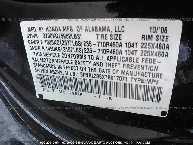 5FNRL388X7B017071 - 2007 HONDA ODYSSEY TOURING BLACK photo 9