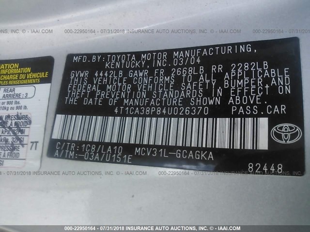 4T1CA38P84U026370 - 2004 TOYOTA CAMRY SOLARA SE/SLE 银色 照片 9