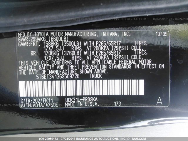 5TBET34136S509726 - 2006 TOYOTA TUNDRA DOUBLE CAB SR5 BLACK photo 9