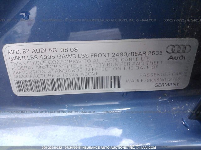 WAULF78KX9N018769 - 2009 AUDI A4 2.0T QUATTRO BLUE photo 9