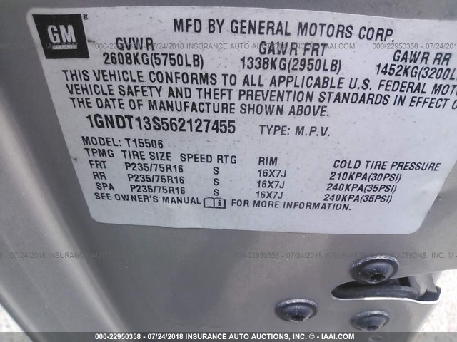 1GNDT13S562127455 - 2006 CHEVROLET TRAILBLAZER LS/LT SILVER photo 9