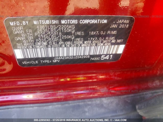 JA4AZ3A32JZ042908 - 2018 MITSUBISHI OUTLANDER SE/SEL RED photo 9