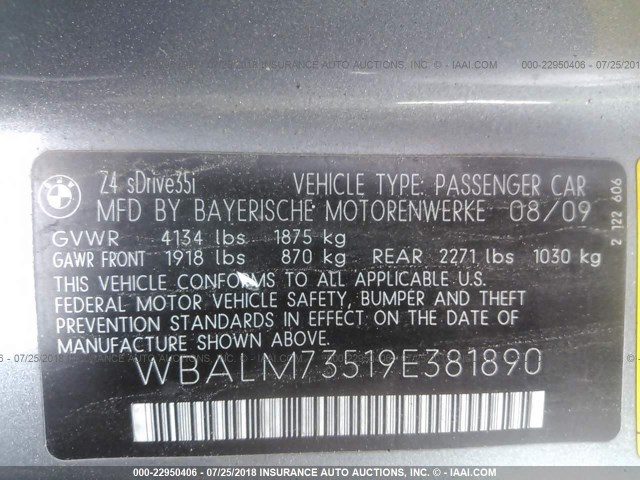 WBALM73519E381890 - 2009 BMW Z4 SDRIVE35I GRAY photo 9
