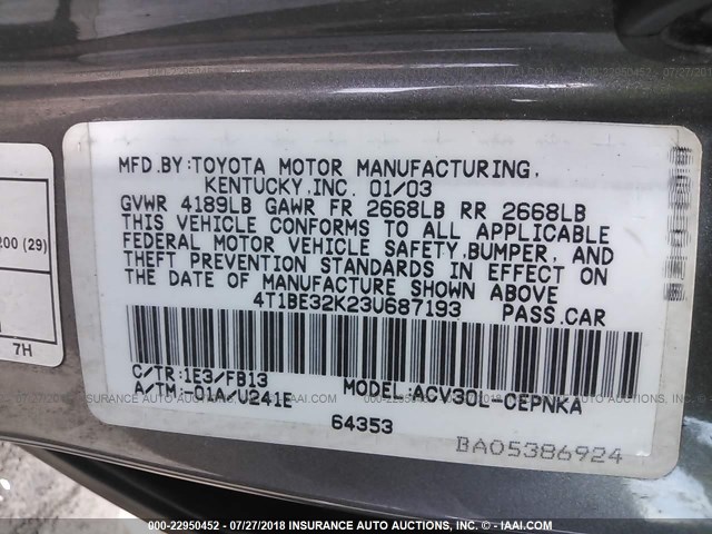 4T1BE32K23U687193 - 2003 TOYOTA CAMRY LE/XLE/SE Qəhvəyi foto 9