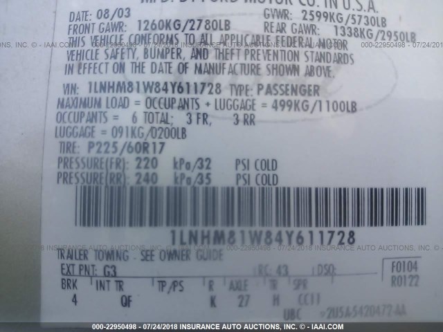 1LNHM81W84Y611728 - 2004 LINCOLN TOWN CAR EXECUTIVE/SIGNATURE TAN photo 9