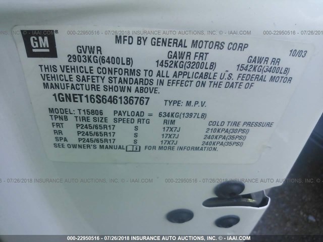 1GNET16S646136767 - 2004 CHEVROLET TRAILBLAZER EXT LS/EXT LT WHITE photo 9