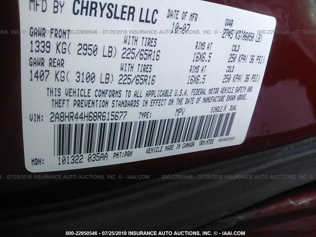 2A8HR44H68R615677 - 2008 CHRYSLER TOWN & COUNTRY LX RED photo 9