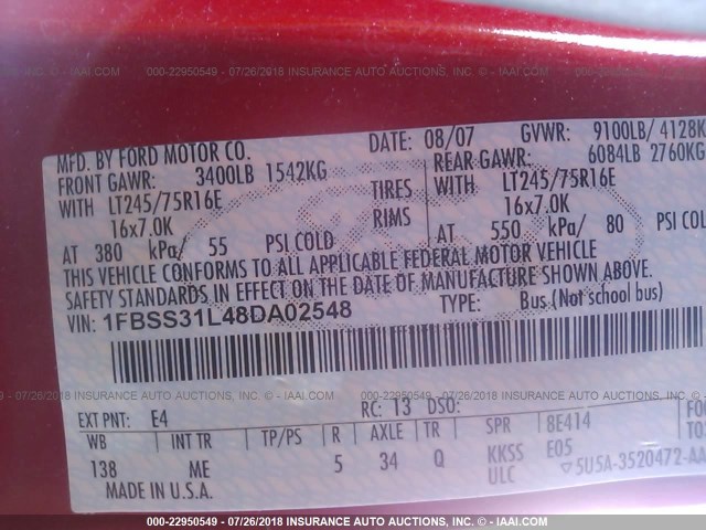 1FBSS31L48DA02548 - 2008 FORD ECONOLINE E350 SUPER DUTY WAGON RED photo 9