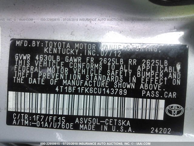 4T1BF1FK6CU143789 - 2012 TOYOTA CAMRY SE/LE/XLE SILVER photo 9