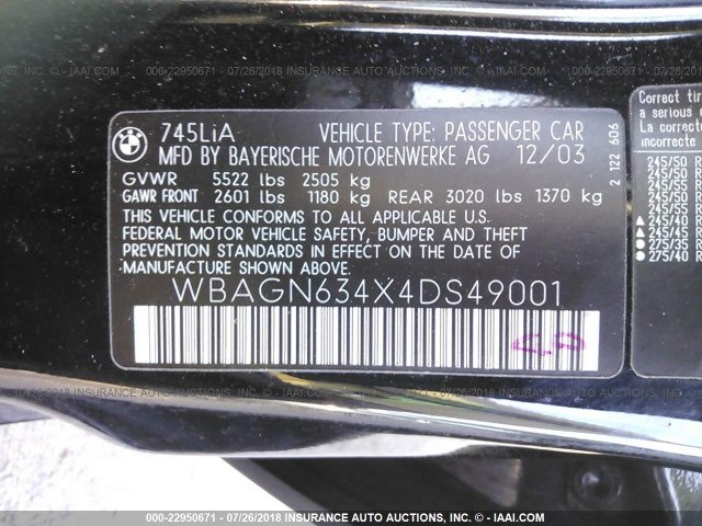 WBAGN634X4DS49001 - 2004 BMW 745 LI Noir photo 9