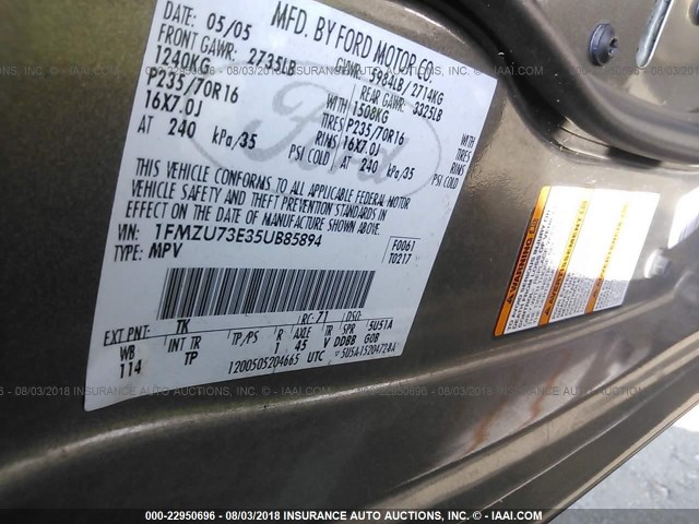 1FMZU73E35UB85894 - 2005 FORD EXPLORER XLT/XLT SPORT/NBX 灰色 照片 9