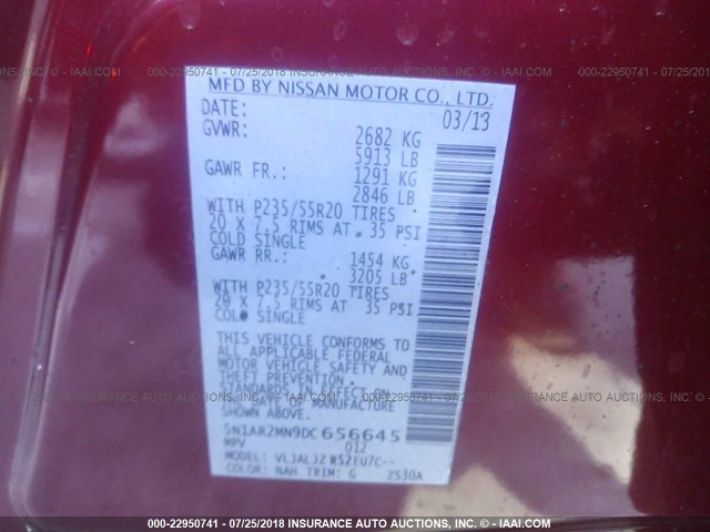 5N1AR2MN9DC656645 - 2013 NISSAN PATHFINDER S/SV/SL/PLATINUM 红色 照片 9