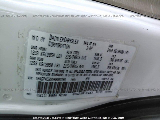 1B4GP453X2B666758 - 2002 DODGE CARAVAN SPORT WHITE photo 9